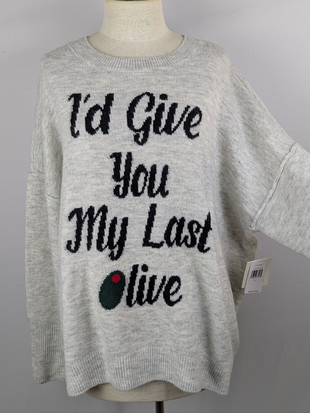 CeCe Sweater I'd Give You My Last Olive Drop Shoulder Relaxed Heather Grey L NWT